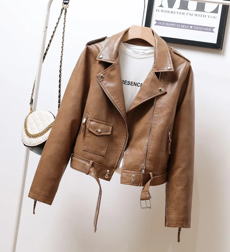 New Women Leather Coat Spring Autumn Long Sleeved With Belt Faux Leather Jacket Female Punk Outwear Ladies Biker Moto Outwear