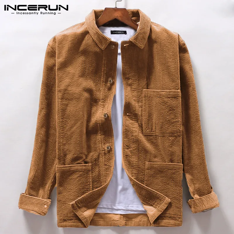 Brown INCERUN, мужские куртки, чистый цвет, повседневные, вельветовые, с длинным рукавом, пальто, куртки, Harajuku, модные, однобортные, с отворотом, мужские пальто - Цвет: Brown