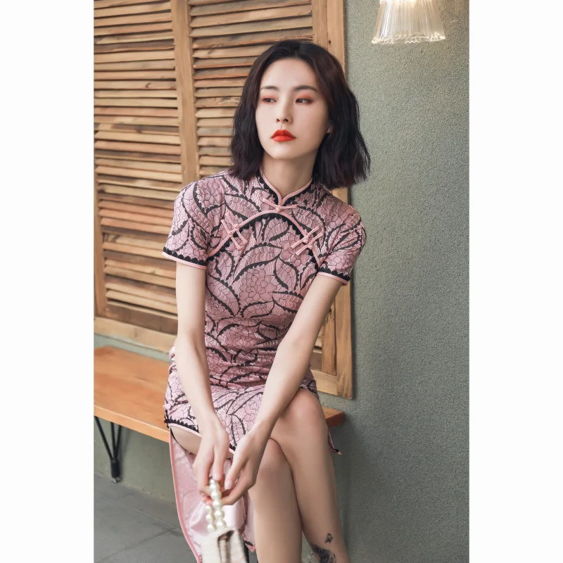 

Summer Short Sleeve Novelty Lace Cheongsam Women Vintage Button Trim Chinese Dress Elegant Mandarin Collar Slim Qipao S-3XL
