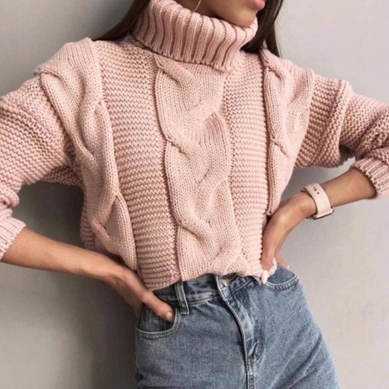 2019 Winter Autumn Women's Sweater Knitted Turtleneck With Long Sleeve Loose Pullover Black Color Women Tops | Женская одежда