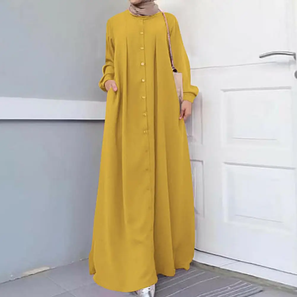 

Casual Single-breasted Loose Waist Solid Color O-Neck Maxi Dress for Party