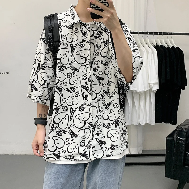 

Three Quarter Sleeve Shirt for Men 2021 Summer Hand-painted Fun Casual Men's Shirt Loose Lapel Cardigan Coat Oversized Shirt