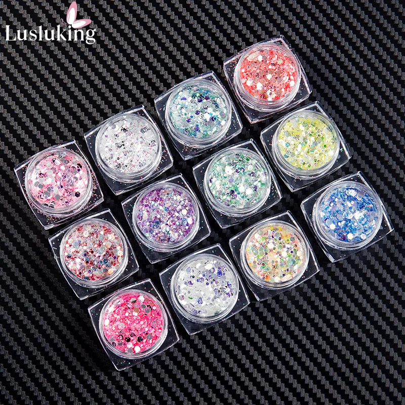 

12 Цветов нейл-арта, расшитое блестками пудра с пайетками AB шестиугольник круглые хлопья Украшение Маникюр УФ Гель-лак 3D советы инструментов...