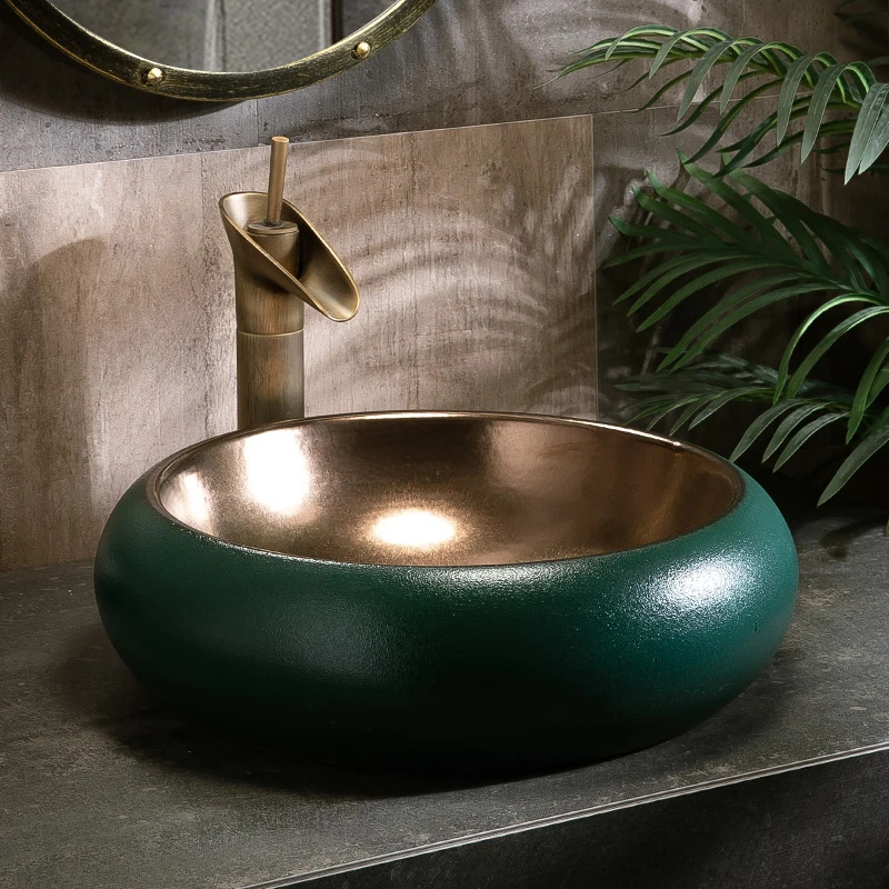 

47*38cm inner gold outer dark green round Nordic above counter basin bathroom hotel ceramic wash basin single basin household