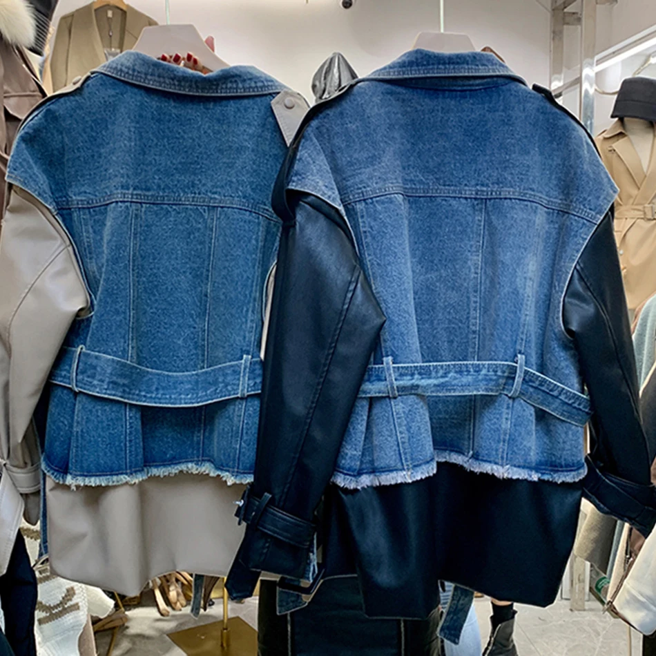 

Denim Stitching Pu Lapel Ladies Autumn And Winter New Ladies 2019 Fashion Casual Slim Ladies Windbreaker coat