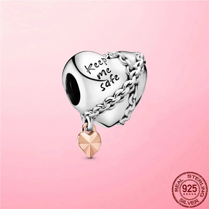 

Hot s925 Sterling Silver Keep Me Safe Chained Heart Charm Beads fit Original Europe Bracelet DIY fine Jewelry Valentine Day Gift