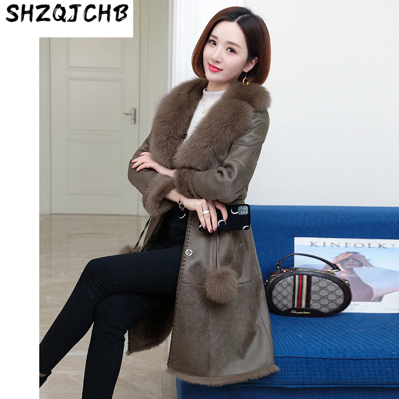 

SHZQ меховое пальто, новинка, зимний облегающий воротник из лисьего меха, из кроличьего меха, женский стиль средней и длинной
