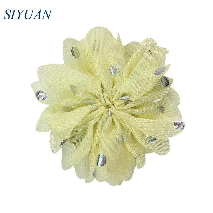 10 шт./лот 8 см Серебряный горошек Шифоновый Цветок с зажимом для волос плоской