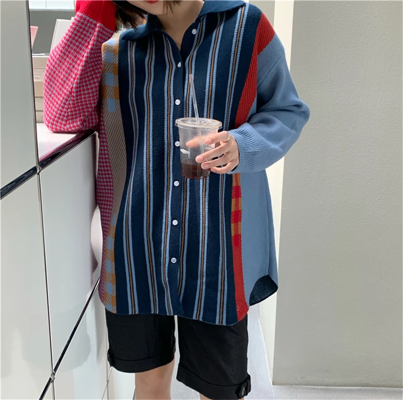 

Colored Hit Color Knit Sweaters Women Fall Casual POLO Vertical Stripes Cardigans Female BF Streetwear Sweater Jacket