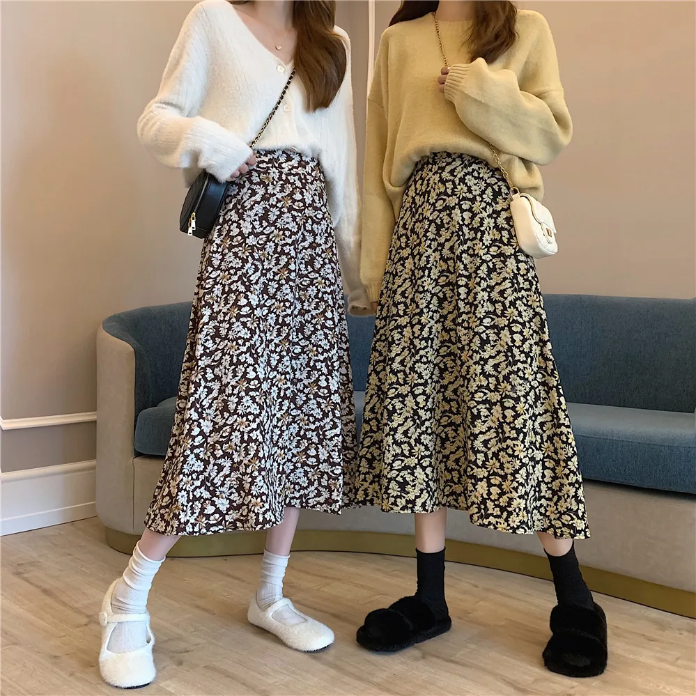 

Spring Vintage Casual Floral Print Skirts Women Chiffon A-Line Skirts For Autumn Elastic Waist Midi Skirt Summer Ka1322