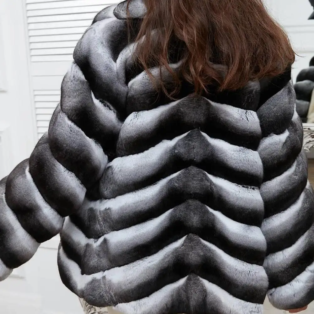 Mid-length Natural Rex Rabbit Fur Jacket with Turn-down Collar Fashion Chinchilla Color Genuine Rex Rabbit Fur Coat Women Outfit