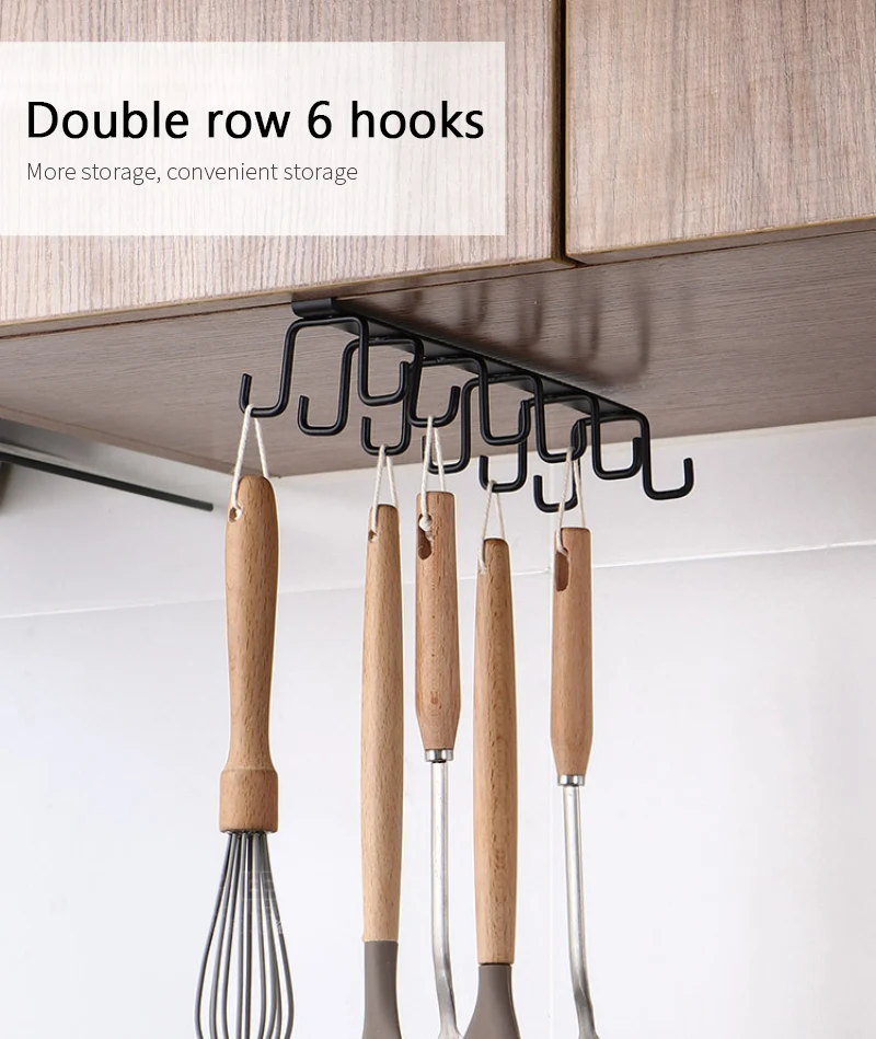

Kitchen Double-row Hook Hanging Cup Holder Household Punch-free Wall Cabinet Hook Spatula Rack Cup Storage Wrought Iron Hook