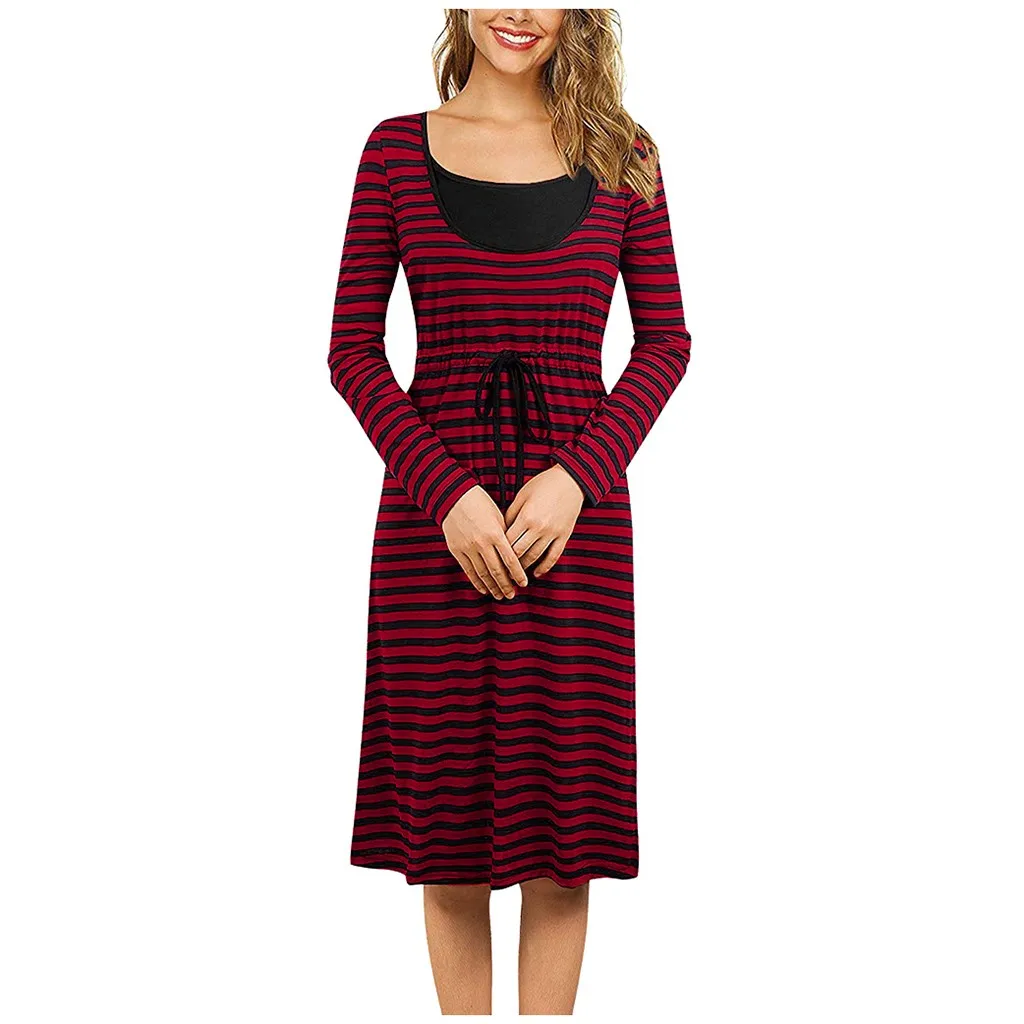 Платья для беременных Полосатое миди платье с длинным рукавом Одежда зимнее