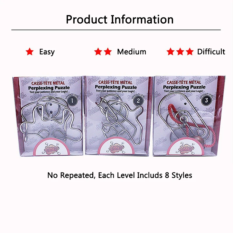 

Easy/Medium/Difficult 24pcs/set Classic Metal Puzzle Ring Toys Locking Set Links Game Chinese Puzzle Kid Adult Toy