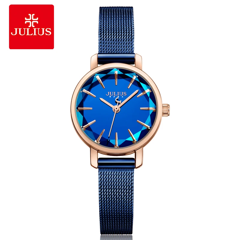 

Julius Top Luxury Blue Mesh Band Irregular Sparkling Glass Slim Watches Women Simple Fashion Clock Ladies Dress Whatch JA-1063