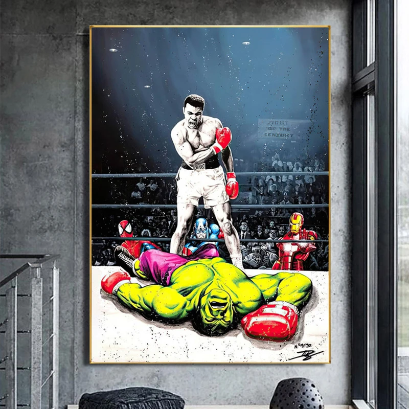 Художественные граффити Marvel супергерой боксеры против Халка Тайсон холст