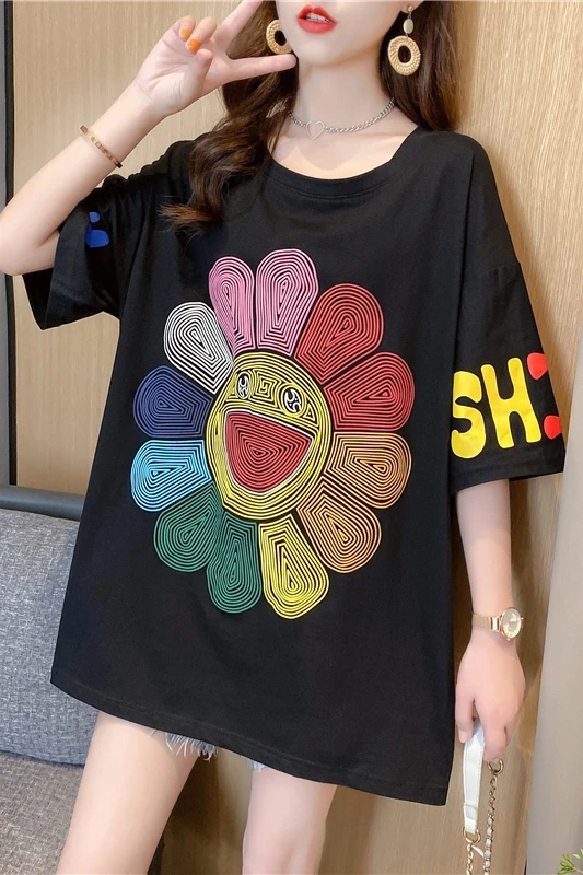 

Houthion Women's T-shirt New Casual Fashion Loose Plus Size Mid-length T Shirt Sun Flower Short Sleeve O-neck Top