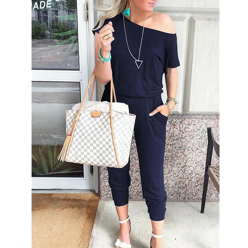 

2019 New Women Casual One-Shoulder Wide Leg Jumpsuit Fashion Ladies Summer Soft Loose Playsuit Bodycon Party Trousers Jumpsuit