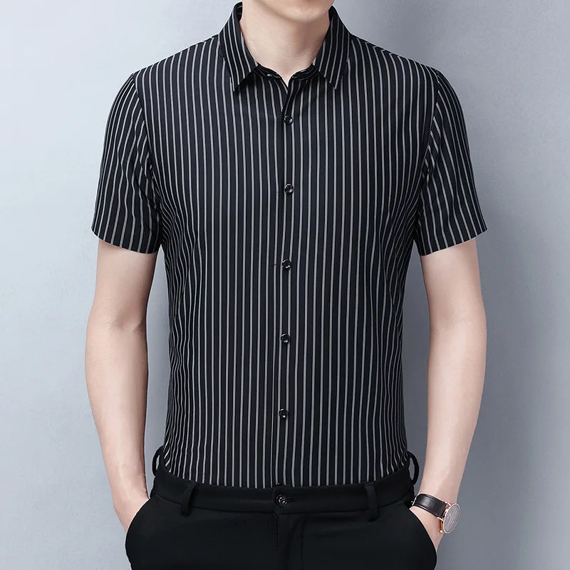 

Men's luxury seamless short sleeve shirt 2021 summer new ice silk non iron thin shirt casual STRIPE TOP