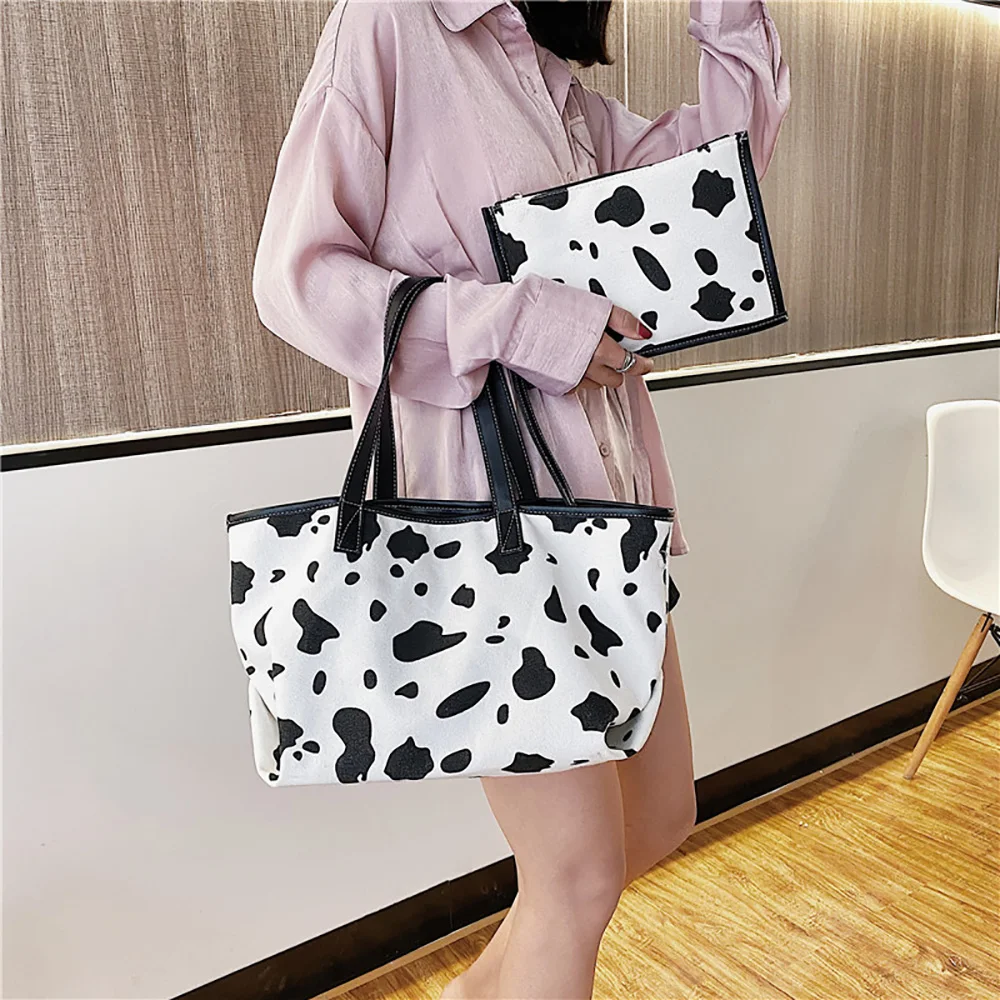 

ANOKHOGI 2020 Cow Print Big Capacity Female Shoulder Bag Fashion Patchwork Hit Color Composite Bag ZX70