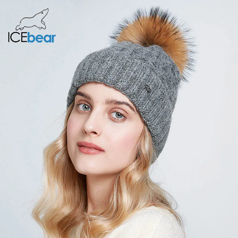 ICEbear зимние шапки для женщин натуральный мех помпон шапка теплые осенние вязаные шапки для женщин модные вязаные шапочки Женские шапки E-MX19113Q