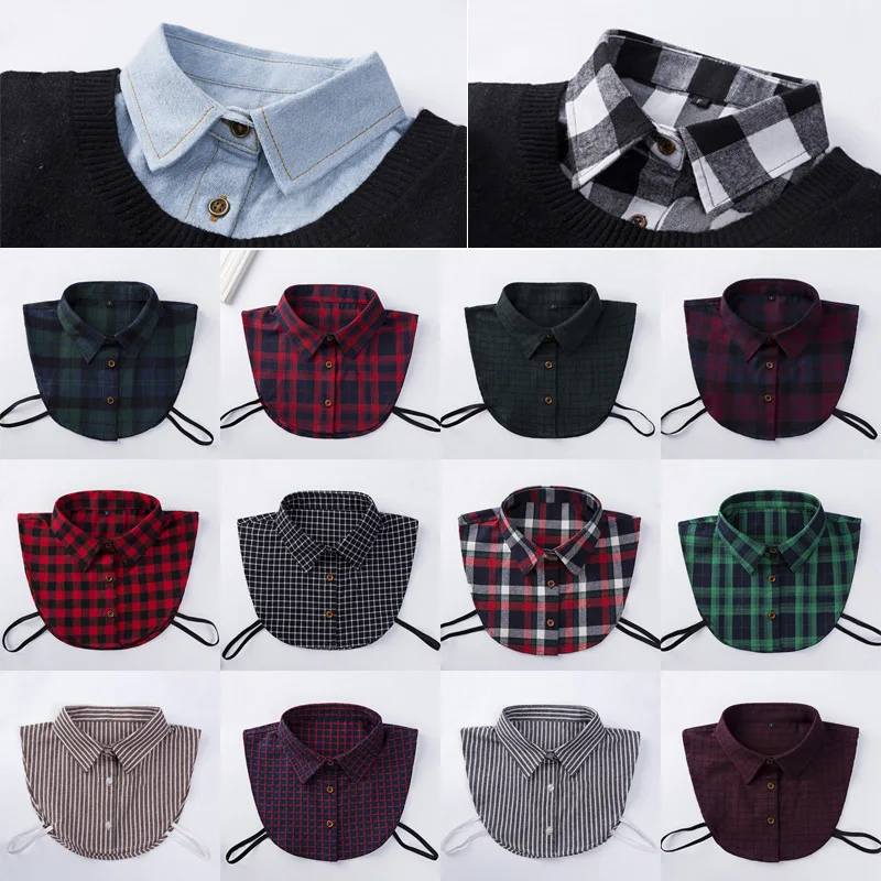 

Женская рубашка свитер со съемным воротником, хлопковая клетчатая блузка с ложным воротником с лацканами, топы с искусственным воротником