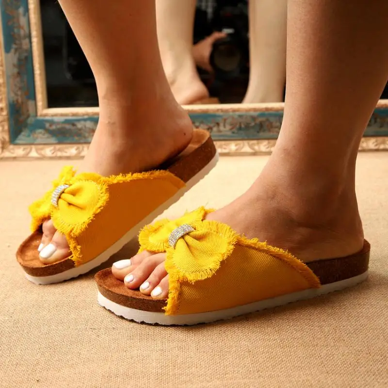 

Women Fashion Slippers Ladies Sandals Solid Color Flat Canvas Bow Sandals Flock Comfort Shoes for Ladies Outdoor Beach Footwear