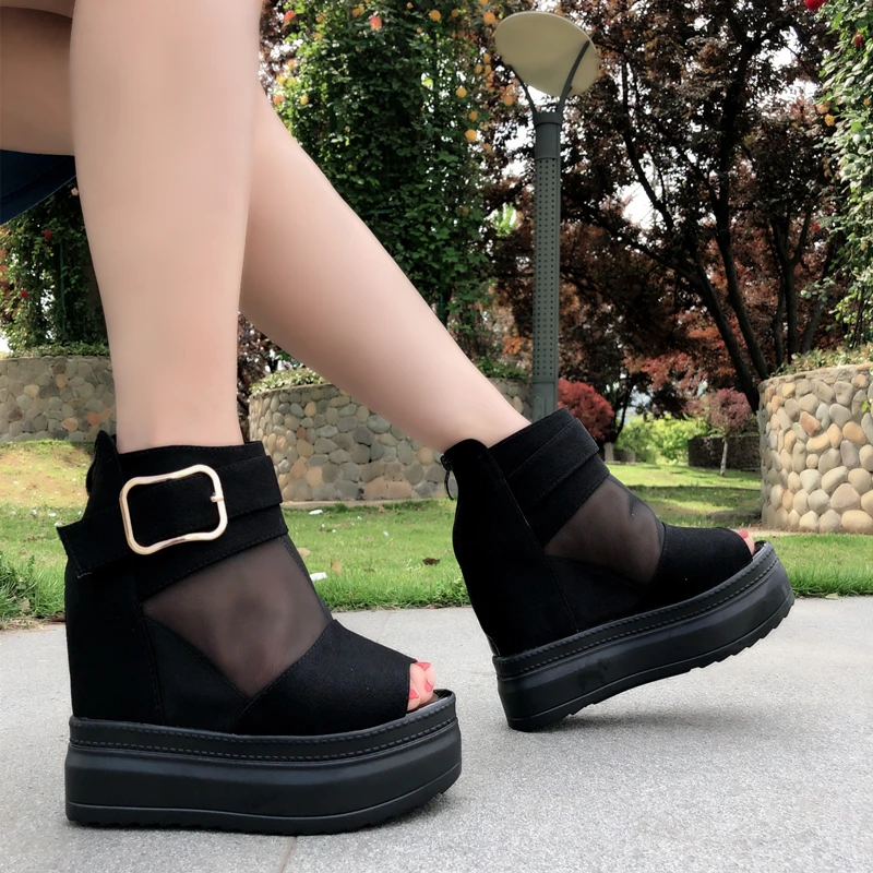 

11cm spring and summer new fish mouth net yarn single shoes muffin platform wedge high heel casual women's shoes
