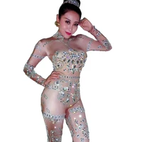 sparkling rhinestones pattern printing turtleneck jumpsuit women personality performance costume nightclub dance show wear