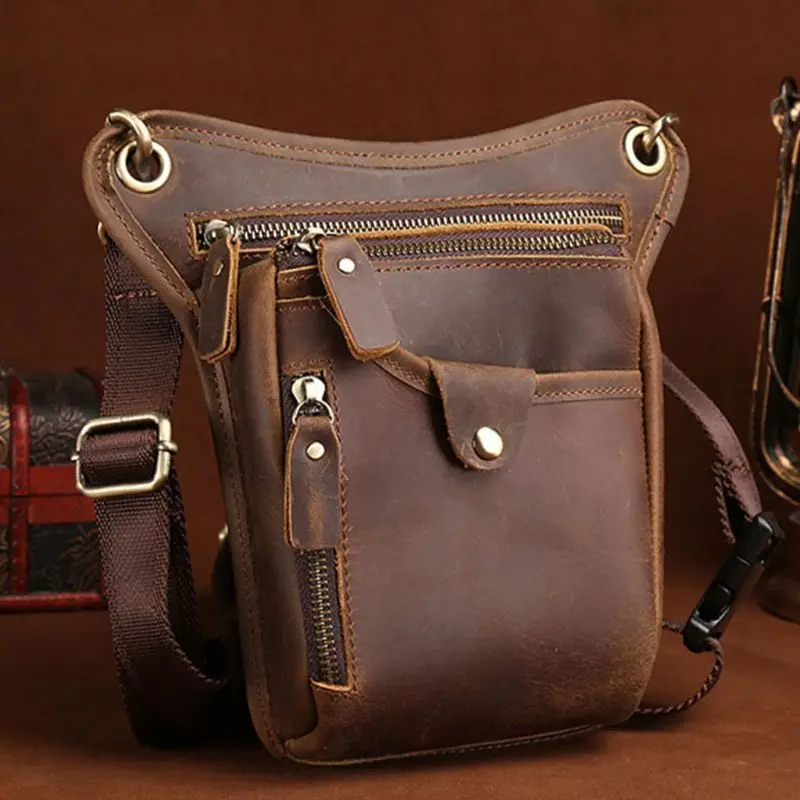 Men Motorcycle Rider Leather Drop Leg Bag Tactical Military Belt Waist Fanny Pack