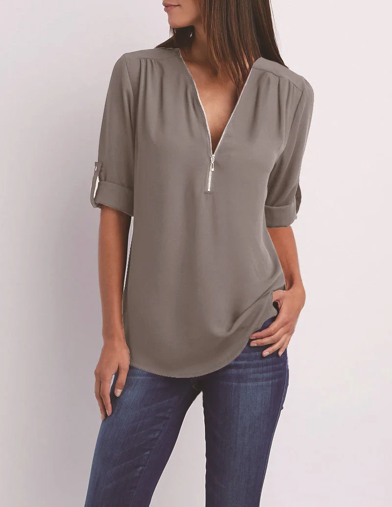 

Donsignet Fashion Women Blouse Casual V-neck Pullover Solid Color Retractable Sleeves Loose Plus Size Long Sleeve Chiffon Blouse