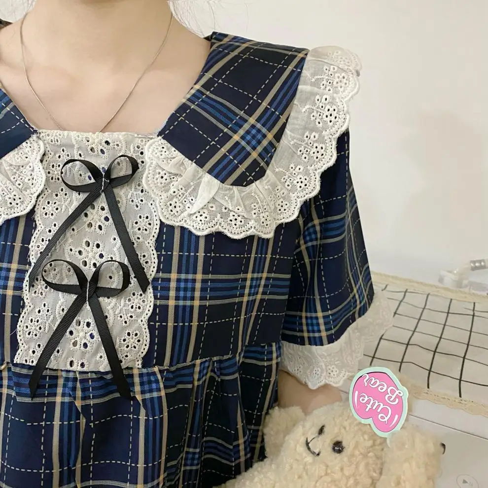 

Summer Women's Pajamas Princess Pyjama Large Size Home Suit With Shorts Pijama Ladies Nightwear Simple Plaid Sleepwear 2 Pcs Pjs