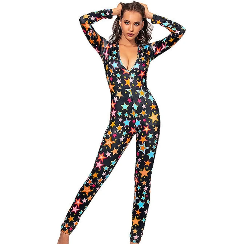 

Women Sexy Long Sleeve Deep V-Neck Jumpsuit Colorful Five-Pointed Star Print Leggings Rompers Christmas Bodycon Bodysuit