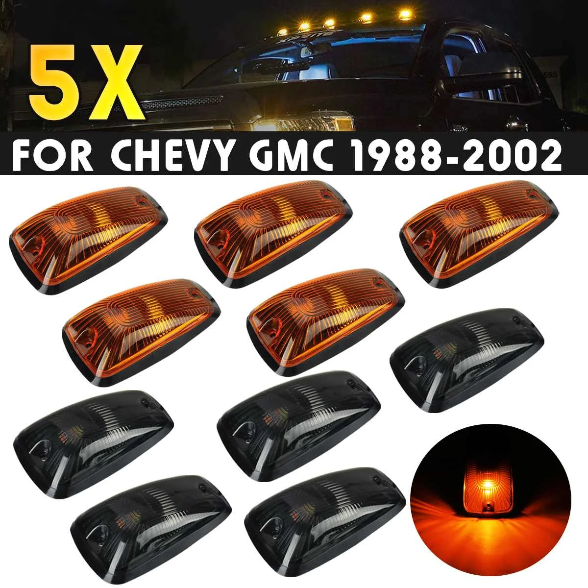 5PCS Car Cab Roof Top Marker Light T10 10 SMD Amber Bulb Base Cab Roof Clearance Marker Lamps For Chevy GMC 1988-2002