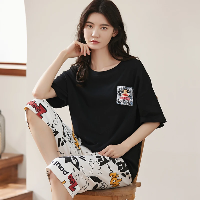 Calf pants Sleep Tops Cotton Women's pajamas Set Home suit plus size Sleepwear summer clothes for women pijamas pyjamas Korean