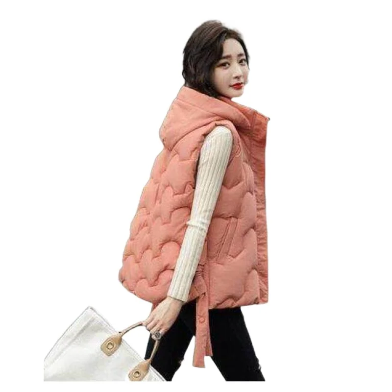 

High Quality Down Cotton Hooded Short Vest Coat Women Solid Sleeveless Warm Jackets Winter Women's Vests Gilet Femme