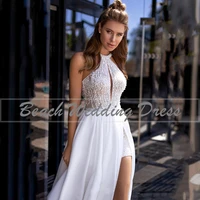 sexy halter high slit wedding dresses 2021 new sleeveless backless sweep train for women satin vestidos de noiva custom made