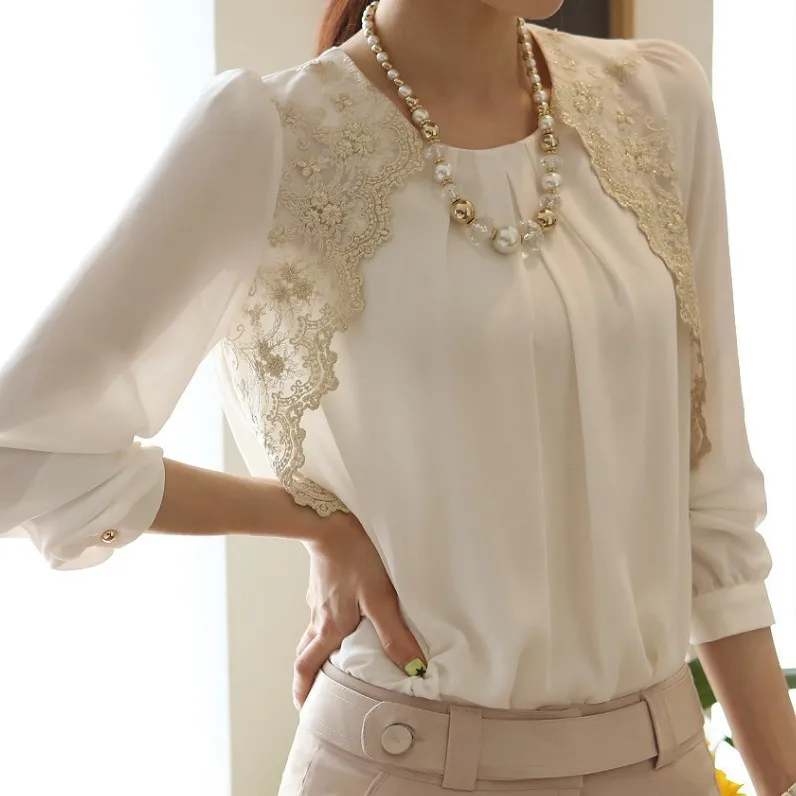 Женская Свободная шифоновая блузка кружевная Лоскутная рубашка с круглым