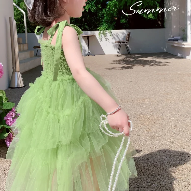

Girls summer dress green dresses sling poncho 2021 new foreign gas children's dress princess dress