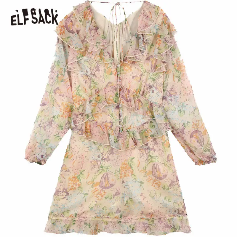 

ELFSACK Pink Floral Print Casual Chiffon Women Ruffles Dresses 2020 Spring Vintage Long Sleeve Lace Up Female Holiday Midi Dress