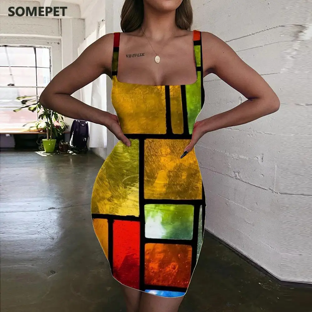 

SOMEPET Geometry Dress Women Colorful Bodycon Dress Pattern Vestido Sexy Art Halter Sleeveless Womens Clothing Summer Short