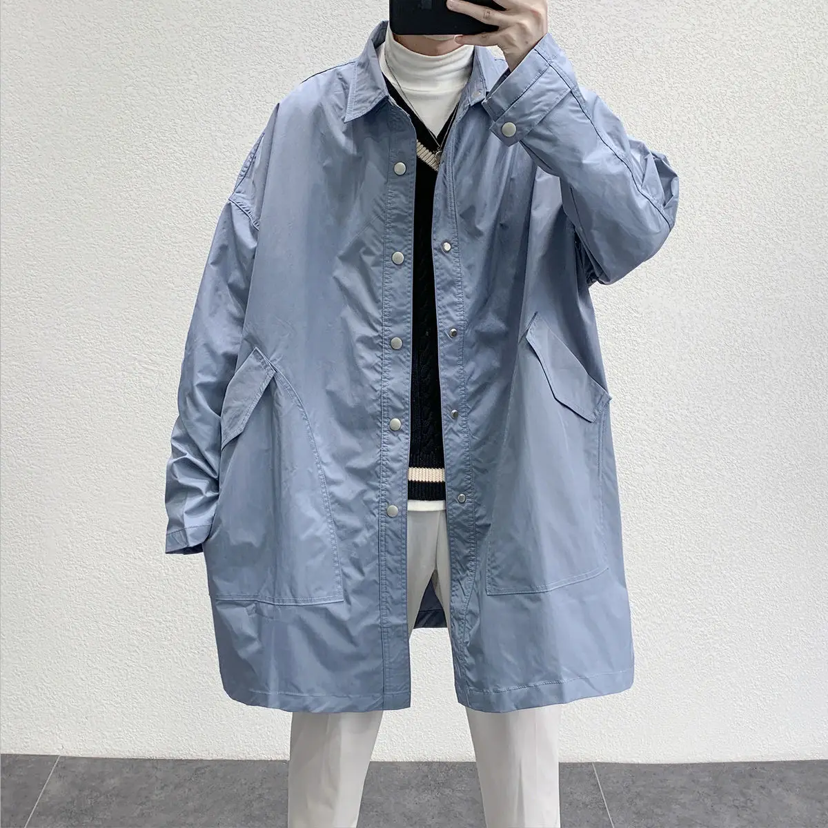 

2020 Men's Mid-length Windbreaker Solid Color Trench Long Sleeve Loose Coats Casual Outerwear High-quality Jackets Size S-XL