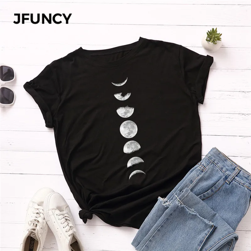 JFUNCY, футболка размера плюс, S-5XL, новая луна, футболка с принтом, женская, хлопок, Круглый ворот, короткий рукав, футболка, топы, летние повседневные рубашки