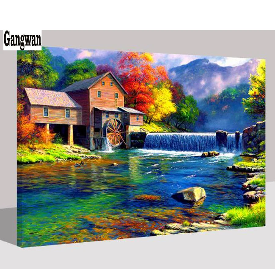 Алмазная живопись с цветным лесом деревом шлемом ветряной мельницей водопадом