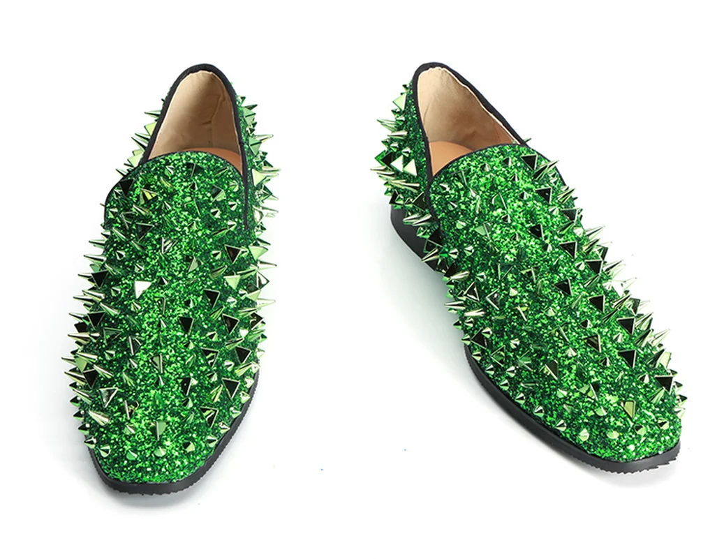 

Men's Rivets Studed Bling Loafers Mocassin Homme Wingtip Low Heel Casual Wedding Shoes Dress Green Blue Club Plus Size C722