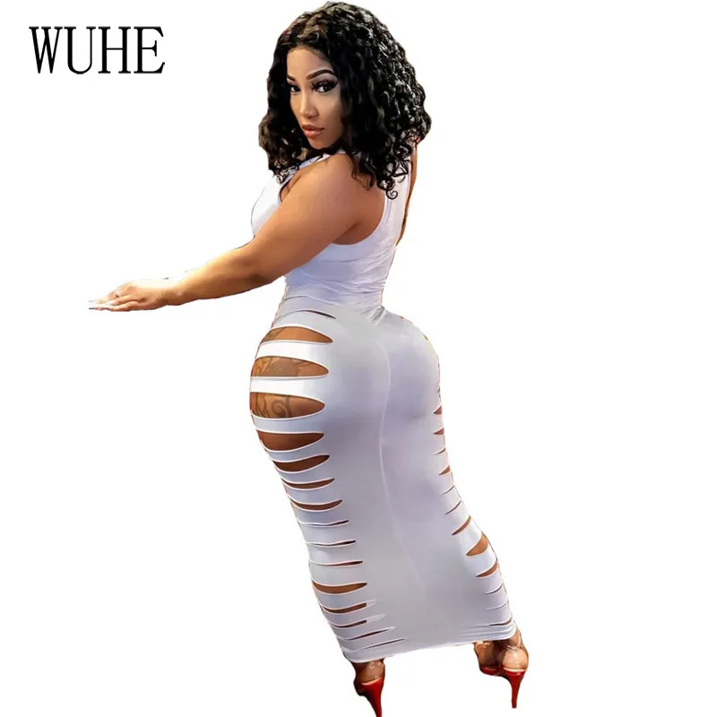 

KEXU Hollow Out Hole Sexy Dress Sleeveless Off Shoulder Package Hip Skinny V Neck Casual Party Nightclub Summer Women Dresses