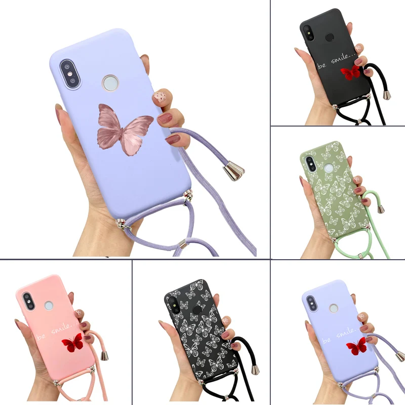 

Silicone Lanyard Case for Xiaomi Redmi Note 7 8 9 10 Pro 9S 9A 9C 8T 8A 7A 6A Mi 10T lite Pro Butterfly Neck Strap Rope Cover