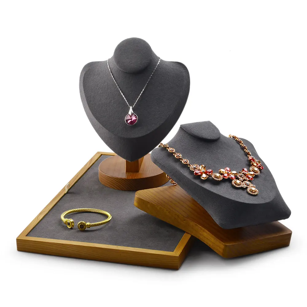 Oirlv Solid Wood New Product Horizontal Portrait Solid Wood Microfiber Model Neck Necklace Display Stand Jewelry Display Props