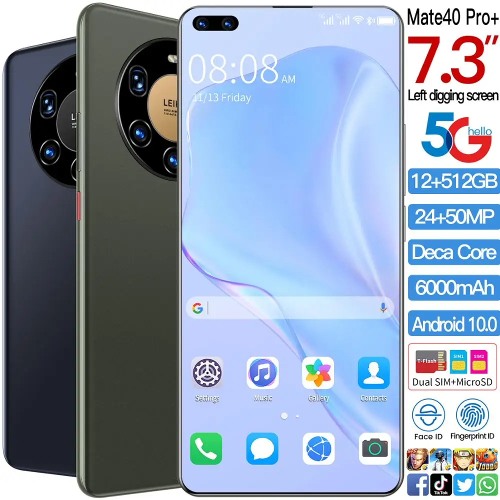 

HaiWE 5G 4G Mate40 Pro Big Full HD+ Screen Mobile Phones 12GB 512GB Android 10.0 System Deca Core Dual Sim Card Smartphones