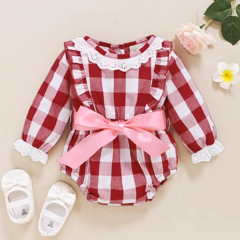 Кружевной комбинезон в клетку с принтом для новорожденных девочек Комбинезон